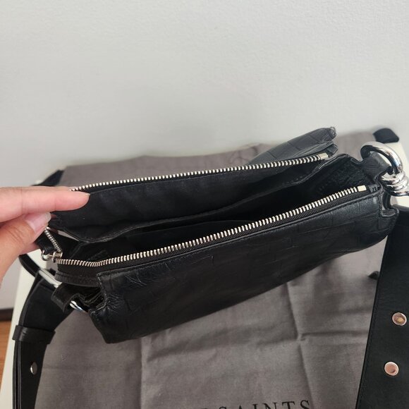 All Saints | Polly Round Medium Leather Crossbody in Black Mock Croc, One Size - Picture 6 of 11